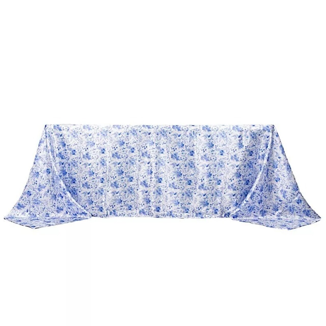 90" x 132" White Blue Floral Satin Rectangular Tablecloth Party Decorations